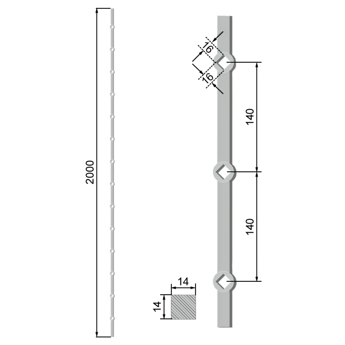 Tyč 2m, opískovaná, profil 14mm, rozteč 140mm, oko 14,5mm