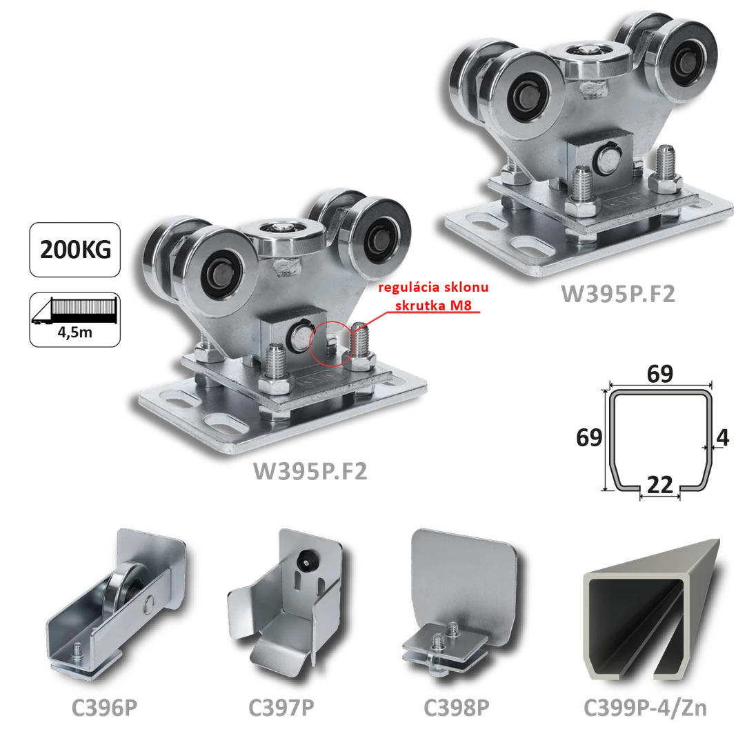 Samonosný systém 69x69x4 pro posuvné brány do 200 kg / 4,5 m otvor (C399P-4/Zn 1x6m pozinkovaný profil, W395P.F2 2ks, C396P 1ks, C397P 1ks, C398P 1ks)