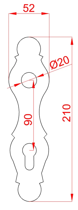 štít s otvormi 210x52x3mm, rozteč 90mm, otvor na kľučku ø20 mm - slide 1