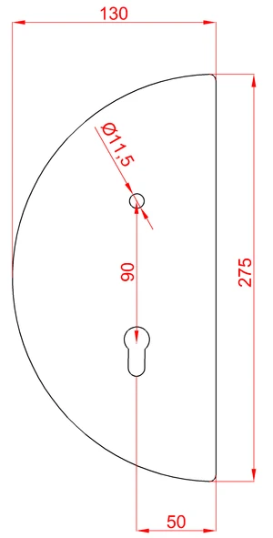 Štít 275x130x3mm s otvory, rozteč 90mm, otvor pro kliku ø 11,5mm, levý, pro zámek ZM90/80 - slide 1