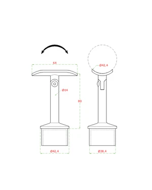 držiak madla s kĺbom na trubku ø 42.4mm (80x64mm) na madlo ø 42.4mm, leštená nerez /AISI304 - slide 1