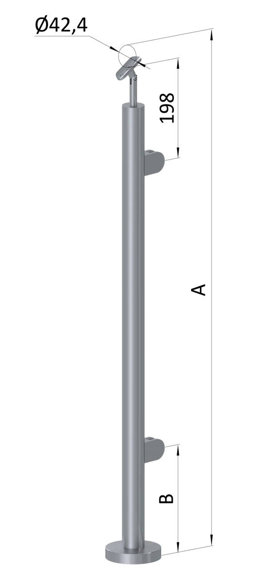 nerezový stĺp, vrchné kotvenie, výplň: sklo, pravý, vrch nastaviteľný, (ø 42.4x2mm), brúsená nerez K320 /AISI304
