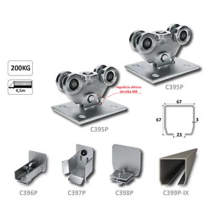 PICCOLO-Kombinovaný (Nerez/Pozink) samonosný systém  67x67x3mm pre posuvné brány do 200kg/4,5m otvor (C399P-IX 1x6m nerezový profil, C395P 2ks, C397P 1ks, C396P 1ks, C398P 1ks) - slide 0