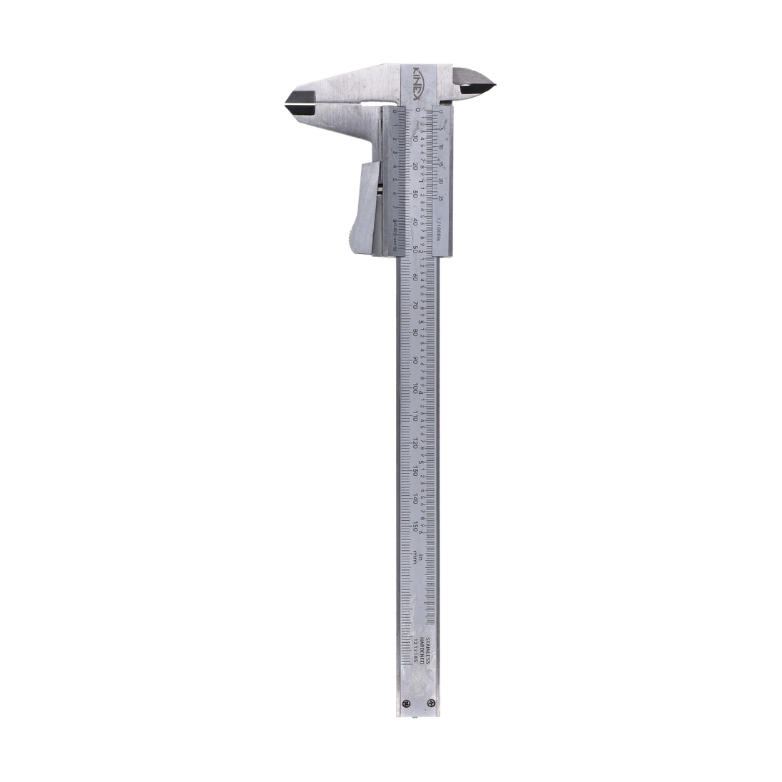 Posuvné meradlo KINEX 150 mm, 0,02 mm, aretácia tlačítkom, mm+inch, monoblok, ČSN 25 1238, DIN 862