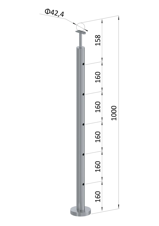 nerezový stĺp, vrchné kotvenie, 5 dierový priechodný, vrch pevný (ø 42.4x2mm), leštená nerez /AISI304