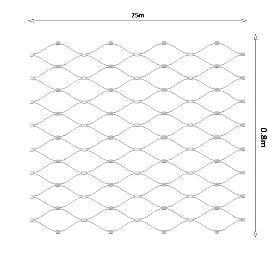 Nerezová lanková sieť, 0,8m x 25m (šxd), oko 60x104 mm, hrúbka lanka 2mm, AISI316 (V nerozloženom stave má sieť 29,8m)
