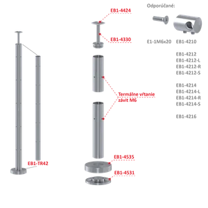 Nerezový sloup, vrchní kotvení, bez výplně, 5 řadový se závitem M6, rohový: 90°, vrch pevný (ø 42.4x2mm), broušená nerez K320 /AISI304 - slide 1