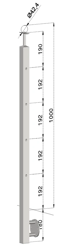 Nerezový sloup, boční kotvení, 4 děrový průchodný, vrch pevný, (40x40 mm), broušená nerez K320 / AISI304