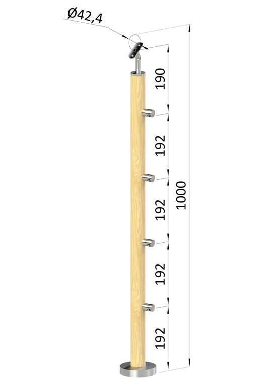 dřevěný sloup, vrchní kotvení, 4 řadový, průchozí, vrch nastavitelný (ø 42mm), materiál: buk, broušený povrch s nátěrem BORI (bezbarvý)
