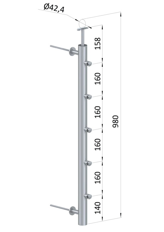 nerezový stĺp na francúzsky balkón, bočné kotvenie, 5 radový priechodný, vrch pevný, (ø 42.4x2mm), brúsená nerez K320 /AISI304