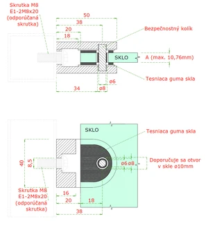 Svorka skla plochá (50x40x26mm) pre sklo 6-10.76mm, brúsená nerez K320 /AISI316, balenie neobsahuje gumičky na sklo - slide 4