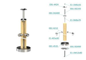 dřevěný sloup, vrchní kotvení, 5 řadový, rohový: 90°, vrch pevný (ø 42mm), materiál: buk, broušený povrch s nátěrem BORI (bezbarvý) - slide 2