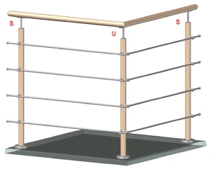 drevený stĺp, vrchné kotvenie, 4 radový, rohový: 90°, vrch pevný (ø 42mm), materiál: buk, brúsený povrch bez náteru - slide 1