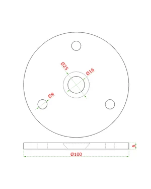 Kotviaca platňa (ø 100x6mm) na drevený stĺp, otvor: ø 25/13mm, brúsená nerez K320 /AISI304 - slide 1