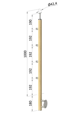 Dřevěný sloup, boční kotvení, 4 řadový, průchozí, vnější, vrch pevný (ø42 mm), materiál: buk, broušený povrch s nátěrem BORI (bezbarvý)