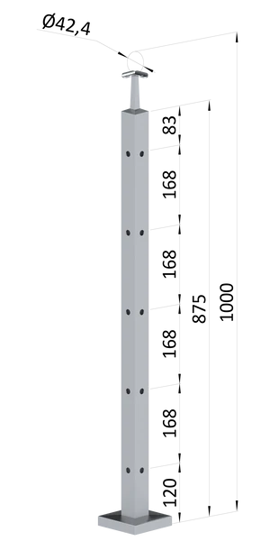 Nerezový sloup, vrchní kotvení, 5 děrový rohový, vrch pevný (40x40 mm), broušená nerez K320 / AISI304 - slide 0