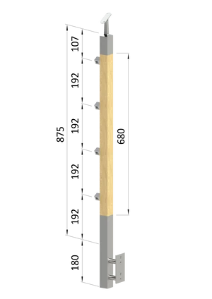 drevený stĺp, bočné kotvenie, 4 radový, priechodný, vonkajší, vrch nastaviteľný (40x40mm), materiál: buk, brúsený povrch bez náteru - slide 0