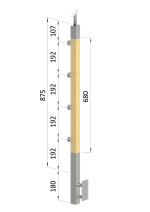 drevený stĺp, bočné kotvenie, 4 radový, priechodný, vonkajší, vrch nastaviteľný (40x40mm), materiál: buk, brúsený povrch bez náteru - slide 0