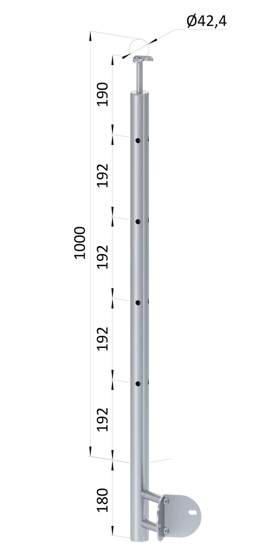 nerezový sloup, boční kotvení rohové, 4 děrový, rohový: 90°, vrch pevný (ø 42.4x2mm), broušená nerez K320 /AISI304