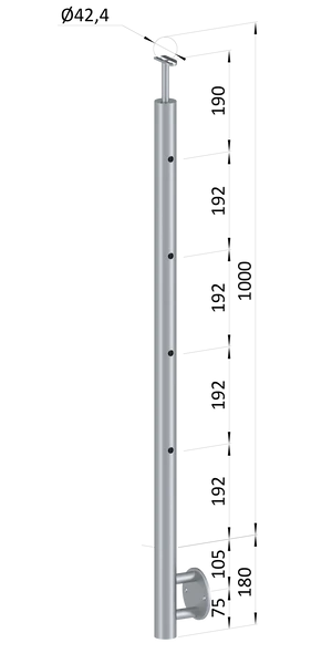 nerezový sloup, boční kotvení, 4 děrový koncový, pravý, vrch pevný (ø 42.4x2mm), broušená nerez K320 /AISI316 - slide 0