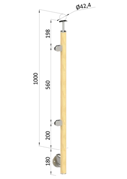 drevený stĺp, bočné kotvenie, výplň: sklo, ľavý, vrch pevný (ø 42mm), materiál: buk, brúsený povrch s náterom BORI (bezfarebný)