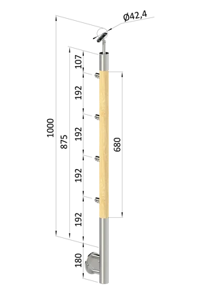 dřevěný sloup, boční kotvení, 4 řadový, průchozí, vnitřní, vrch nastavitelný (ø 42mm), materiál: buk, broušený povrch bez nátěru - slide 0