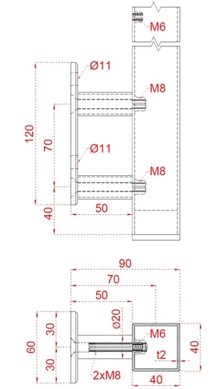 Nerezový sloup, boční kotvení, 5 řadový M6, vnitřní, vrch pevný - slide 3