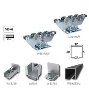 samonosný systém 80x80x5mm posuvnej brány do 400kg/5,5m otvor (W39/80Fe 6m čierný profil, 2x W38MR/F, 1x W36/80, 1x W37M, 1x W32/80) - slide 1