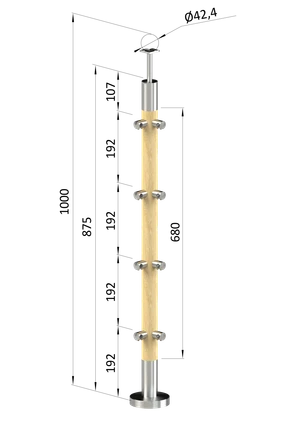 drevený stĺp, vrchné kotvenie, 4 radový, priechodný, rohový: 90°, vrch pevný (ø 42mm), materiál: buk, brúsený povrch bez náteru - slide 0