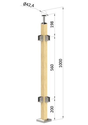 drevený stĺp, vrchné kotvenie, výplň: sklo, rohový: 90°, vrch pevný (40x40mm), materiál: buk, brúsený povrch bez náteru - slide 0