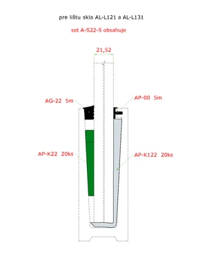 5 m set pro 21,52 mm sklo, k hliníkovým profilům AL-L121, AL-L131, AL-L141 a AL-L151. Obsahuje: těsnění AG-00 5 m,  AG-22 5 m, podložky AP-K122 20 ks, klíny AP-K22 20 ks. - slide 1