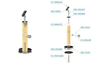 drevený stĺp, vrchné kotvenie, 4 radový, priechodný, vrch nastaviteľný (ø 42mm), materiál: buk, brúsený povrch s náterom BORI (bezfarebný) - slide 2