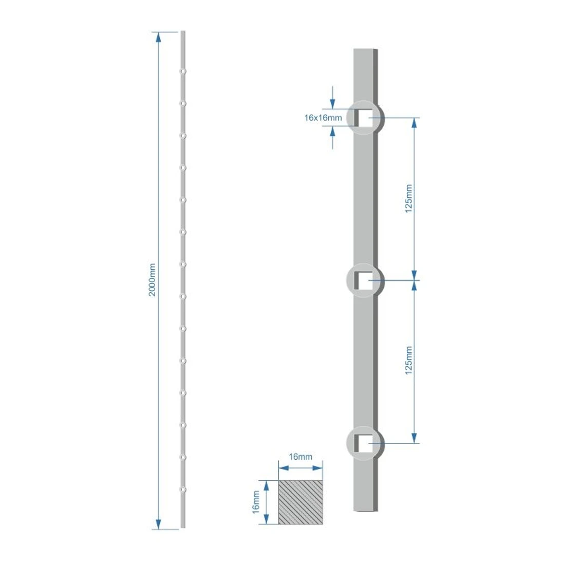 Tyč 2m opieskovaná, profil 16mm, rozteč 125mm, oko 16mm