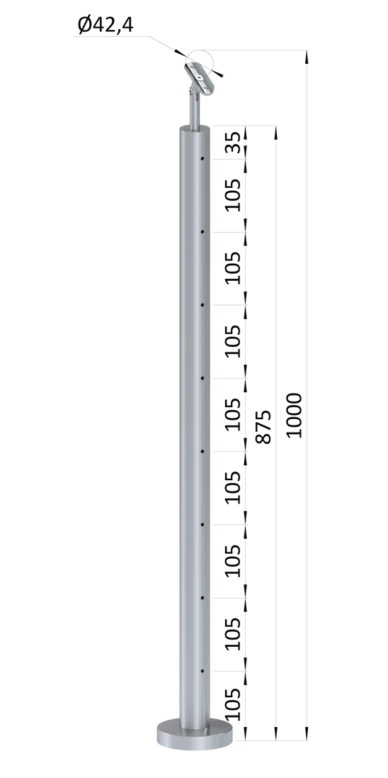 nerezový stĺp, vrchné kotvenie, 8 dierový na lanko, priechodný, vrch nastaviteľný (ø 42.4x2mm) brúsená nerez K320 /AISI304
