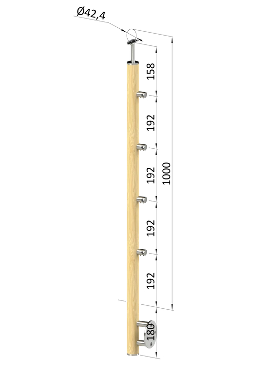 dřevěný sloup, boční kotvení, 4 řadový, průchozí, vnitřní, vrch pevný (ø 42mm), materiál: buk, broušený povrch s nátěrem BORI (bezbarvý)