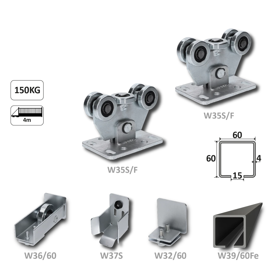 Samonosný systém 60x60x4 mm pro posuvné brány do 150 kg / 4 m průjezd (W39/60Fe 6 m černý profil, 1x W-SET60/F)