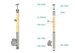 dřevěný sloup, boční kotvení, 4 řadový, průchozí, vnitřní, vrch pevný (ø 42mm), materiál: buk, broušený povrch bez nátěru - slide 1