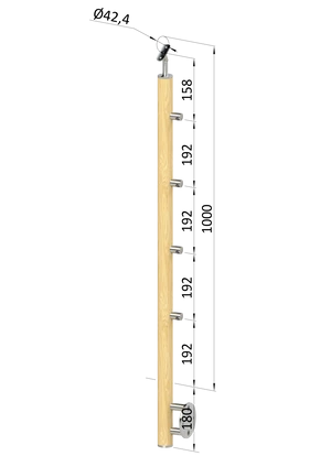drevený stĺp, bočné kotvenie, 4 radový, priechodný, vnútorný, vrch nastaviteľný (ø 42mm), materiál: buk, brúsený povrch bez náteru - slide 0