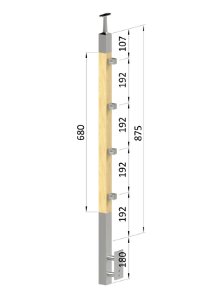 Dřevěný sloup, boční kotvení, 4 řadový, průchozí, vnitřní, vrch pevný (40x40 mm), materiál: buk, broušený povrch bez nátěru - slide 0