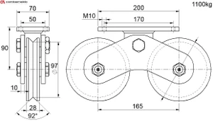 Vodiaca kladka dvojložisková ø 120mm Combi Arialdo, nosnosť 1100 kg, Zn, V-profil - slide 1