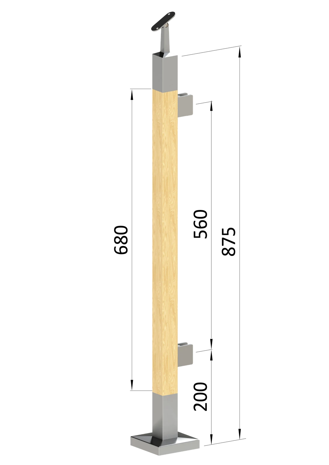 Drevený stĺp, vrchné kotvenie, výplň: sklo, pravý