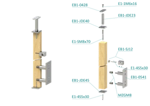 Dřevěný sloup, boční kotvení, 4 řadový, průchozí, vnitřní, vrch pevný (40x40 mm), materiál: buk, broušený povrch s nátěrem BORI (bezbarvý) - slide 1