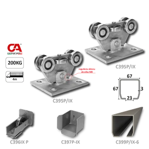 PICCOLO INOX (67x67 mm) nerezový samonosný systém pro posuvné brány do 200 kg/ otvor: 4 m (C399P-IX 1x6 m nerezový profil, C395P-IX 2 ks, C397P-IX 1 ks, C396P-IX 1 ks), nerez AISI304 bez povrch. úpravy - slide 1
