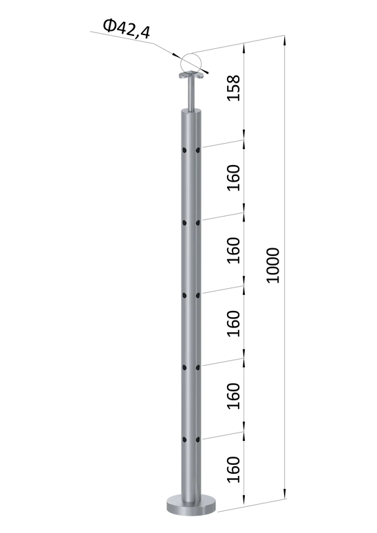 Nerezový sloup, vrchní kotvení, 5 děrový, rohový: 90°, vrch pevný, (ø42,4x2 mm), broušená nerez K320 / AISI304