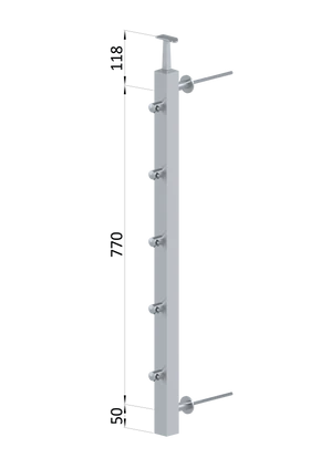 Nerezový sloup na francouzský balkón, boční kotvení, 5 řadový, pravý, vrch pevný, (40x40x2.0 mm), broušená nerez K320 /AISI304 - slide 1