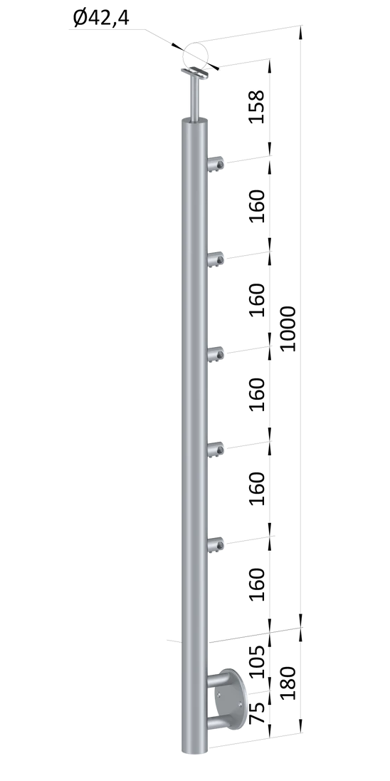 nerezový stĺp, bočné kotvenie, 5 radový priechodný, vnútorný, vrch pevný, (ø 42.4x2mm), brúsená nerez K320 /AISI304