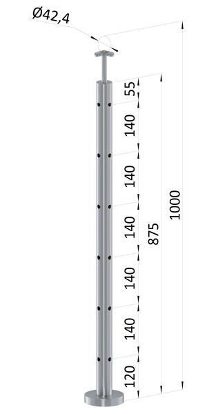 nerezový sloup, vrchní kotvení, 6 děrový, rohový: 90°, vrch pevný (ø 42.4x2mm), broušená nerez K320 /AISI304 - slide 0