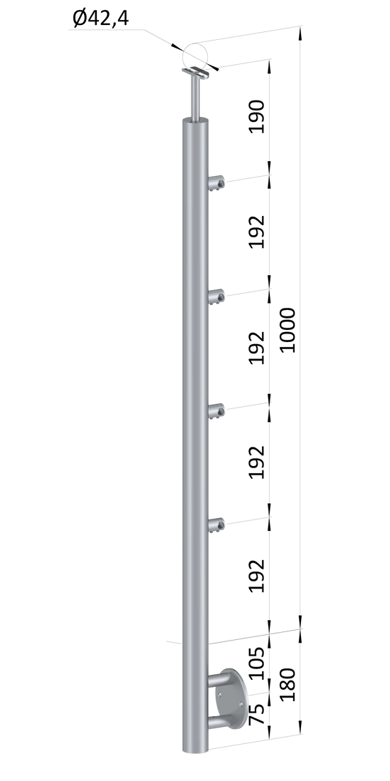 nerezový stĺp, bočné kotvenie, 4 radový priechodný, vnútorný, vrch pevný, (ø 42.4x2mm), brúsená nerez K320 /AISI304