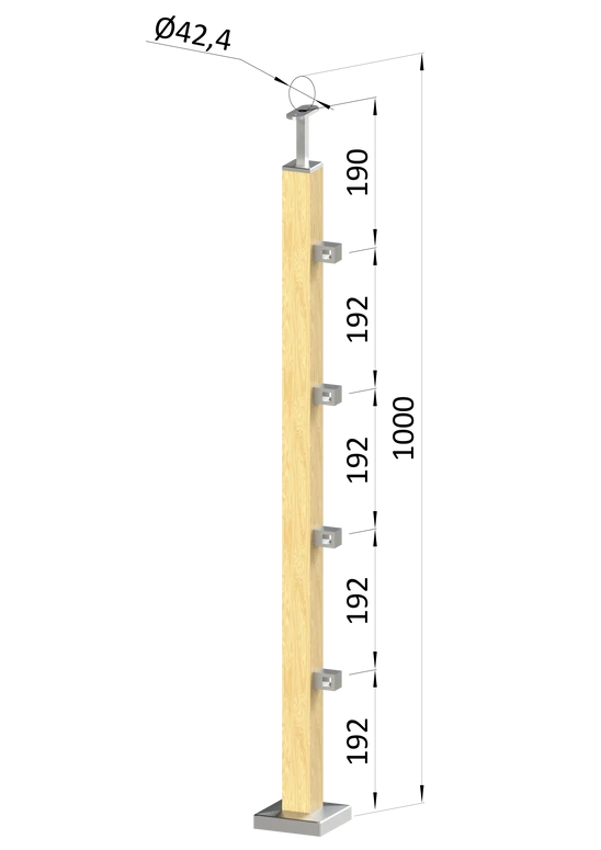 Dřevěný sloup, vrchní kotvení, 4 řadový, průchozí, vrch pevný (40x40 mm), materiál: buk, broušený povrch s nátěrem BORI (bezbarvý)
