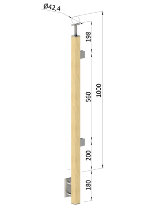 dřevěný sloup, boční kotvení, výplň: sklo, koncový, pravý, vrch pevný (40x40mm), materiál: buk, broušený povrch s nátěrem BORI (bezbarvý) - slide 0